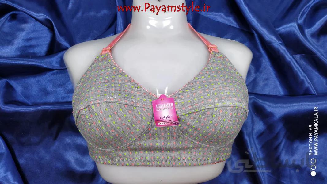 سوتین نخی ملانژ بدون فنر خالدار (حاشیه صورتی)