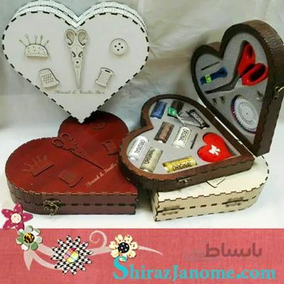 جعبه MDF نخ و سوزن و قیچی عروس طرح قلب