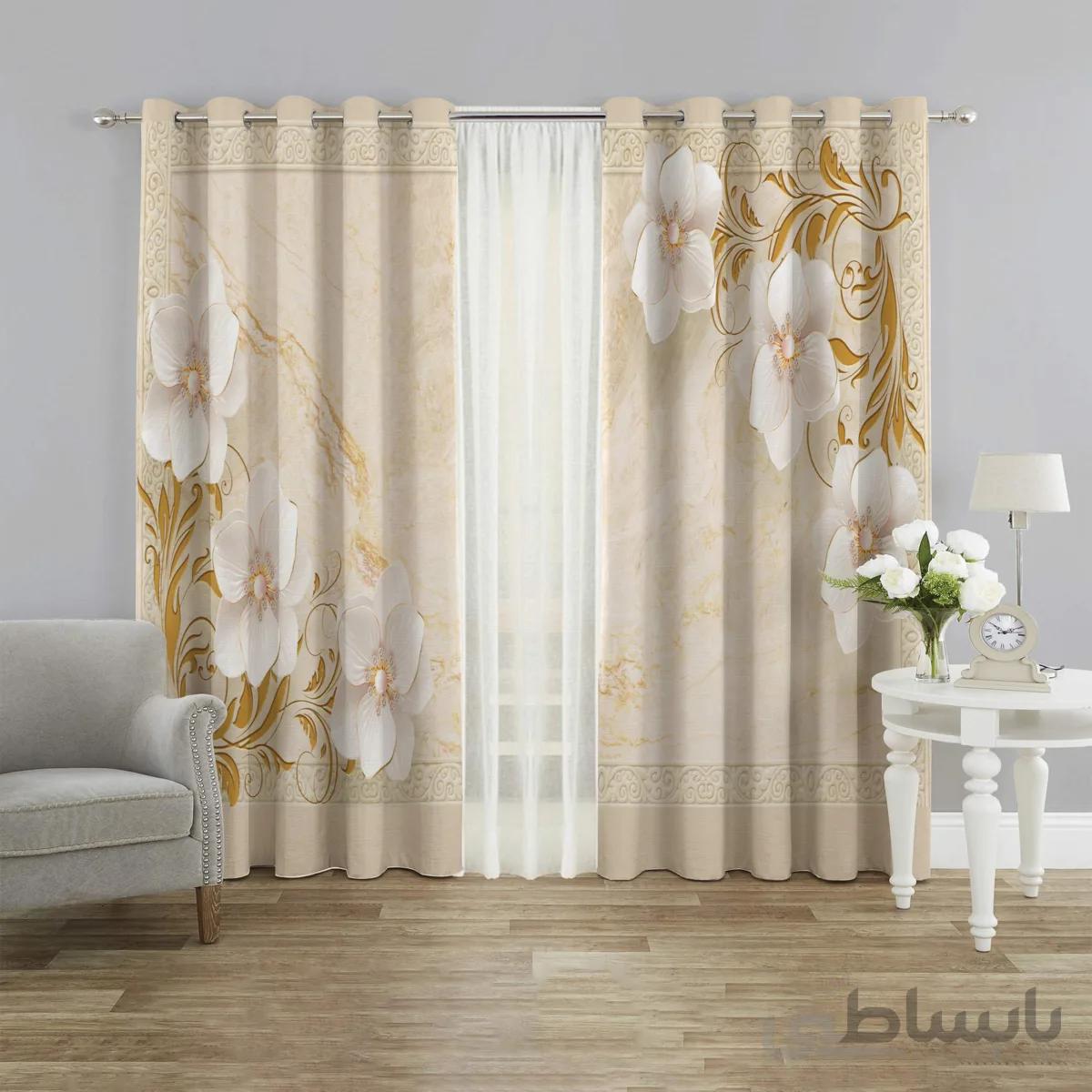 پرده پانچ پذیرایی جدید طرح گل طلایی pk-2596b