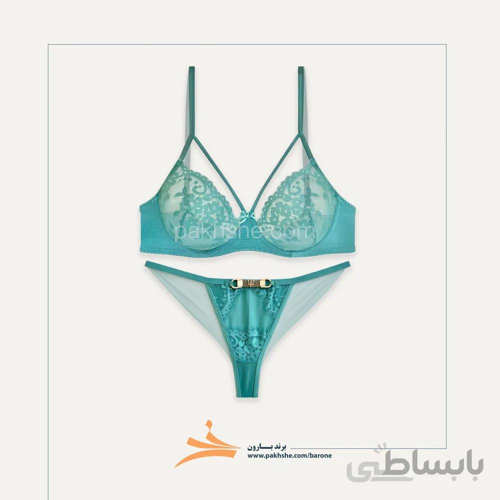 ست شورت و سوتین هارنس دار دانتل فیروزه ای برند بارون کد f2008