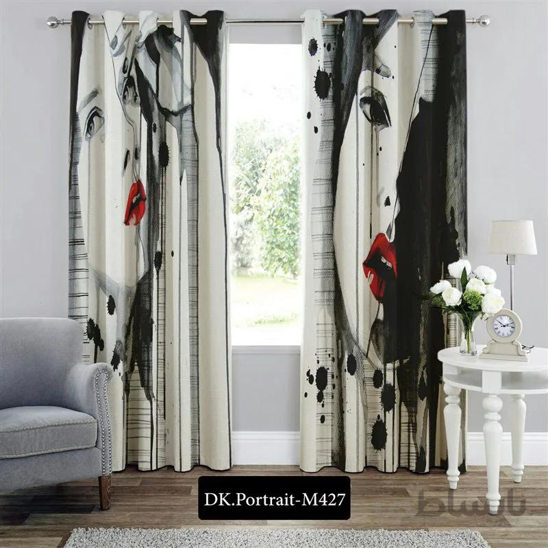 پرده پانچی (هازان و مخمل) کد DK.Portrait.M427 طرح چهره دختر سفید و مشکی