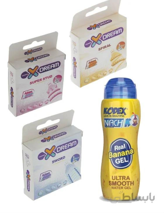 پک زناشویی حرفه ای (3 بسته کاندوم فضایی ایکس دریم XDream با طرح های مختلف + ژل روان کننده موزی کدکس)