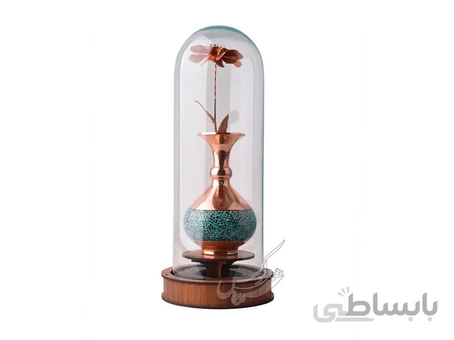 گلدان شلغمی فروزه کوبی با شیشه ی حبابی و گل