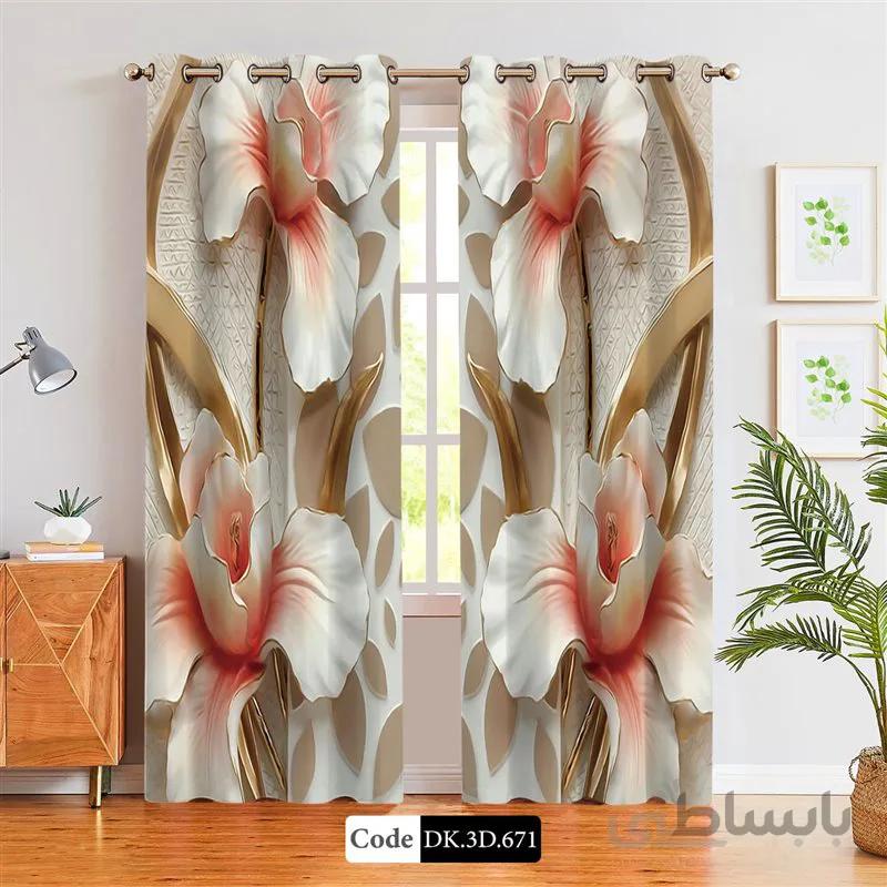 پرده پانچی (هازان و مخمل)کد DK.3D.671 طرح سه بعدی گل های طلایی