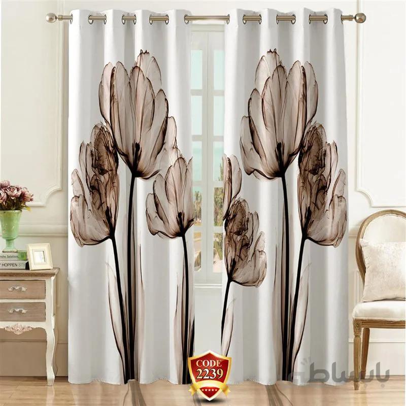 پرده پانچی کد 2239-3d-b طرح سه بعدی گل جوهری کرم قهوه ای