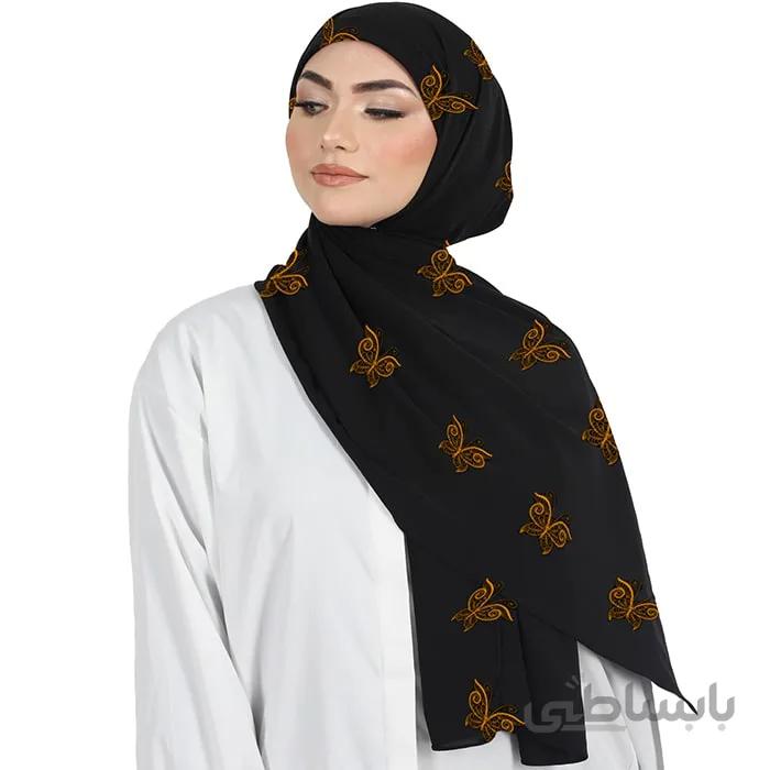شال حریر مشکی گلدوزی پروانه نارنجی
