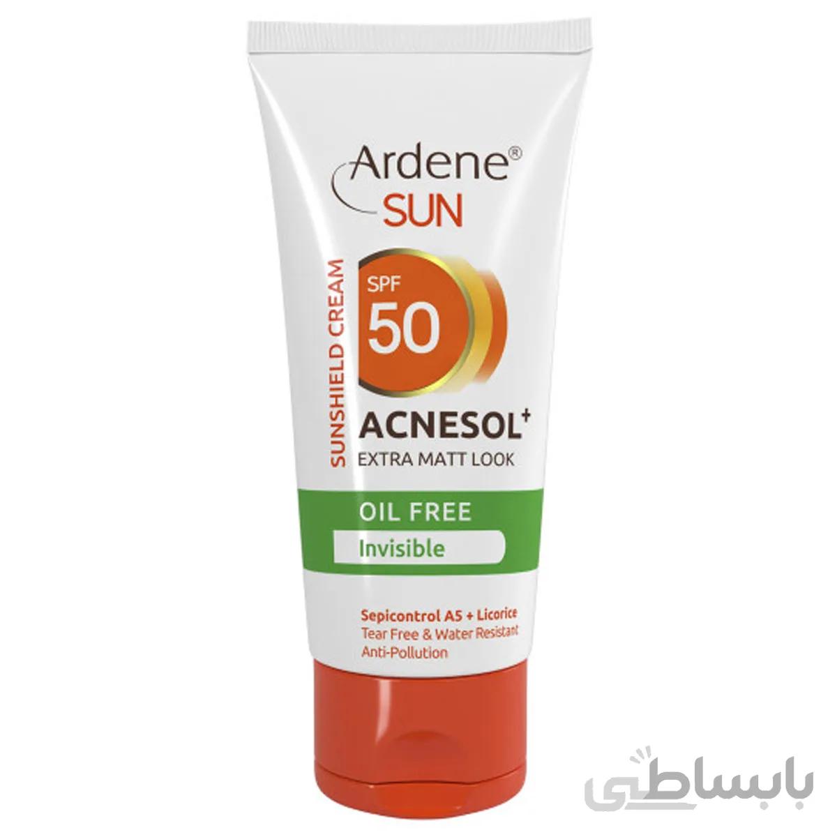 کرم ضد آفتاب بی رنگ 50 SPF آردن فاقد چربی مدل Acnesol حجم 50 میل ا Arden Sun Acnesol SPF50 Invisible Oil Free Sunscreen Cream 50ml