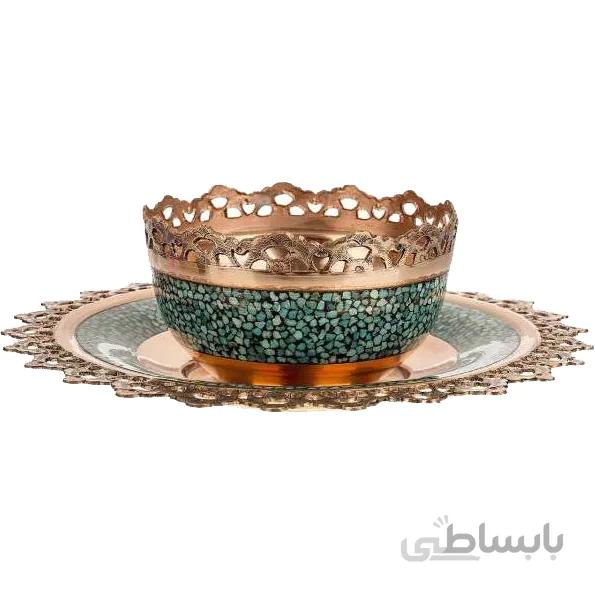 کاسه و بشقاب فیروزه کوب اثر آقاجانی قطر 23 سانتی متر کد F-22