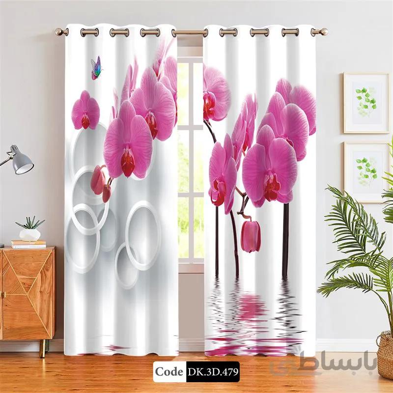 پرده پانچی (هازان و مخمل)کد DK.3D.479 طرح سه بعدی گل های صورتی و پروانه