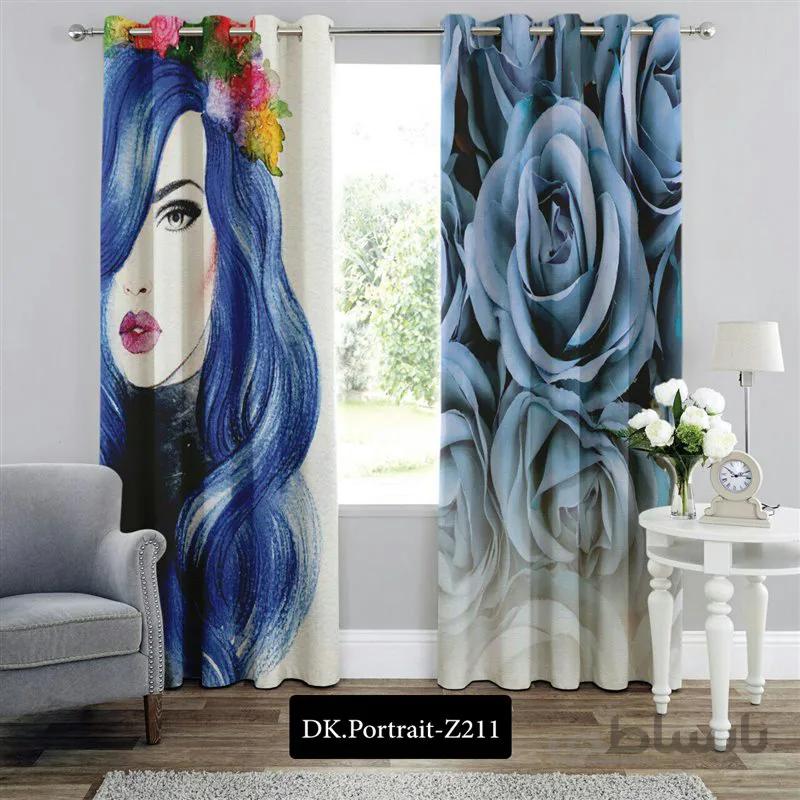 پرده پانچی (هازان و مخمل) کد DK.Portrait.Z211 طرح چهره دختر با موهای آبی