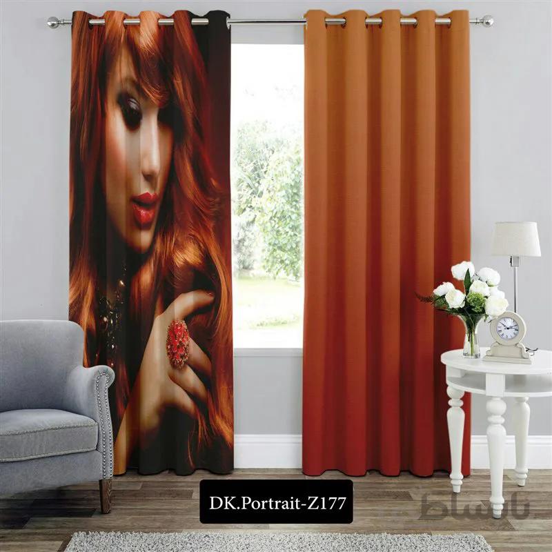 پرده پانچی (هازان و مخمل) کد DK.Portrait.Z177 طرح چهره دختر با موهای نارنجی