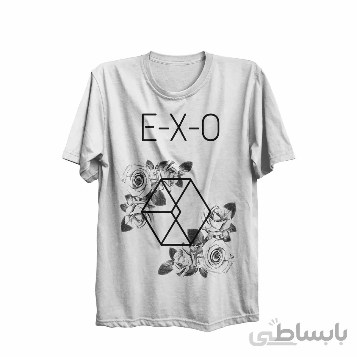 تیشرت یقه گرد سفید طرح گروه موسیقی اکسو EXO