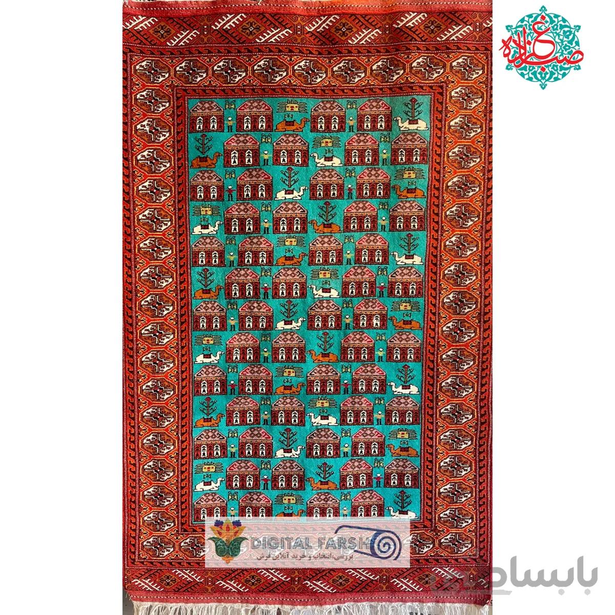 فرش دستبافت ترکمن خراسان جرگلان طرح آلاچیق آبی