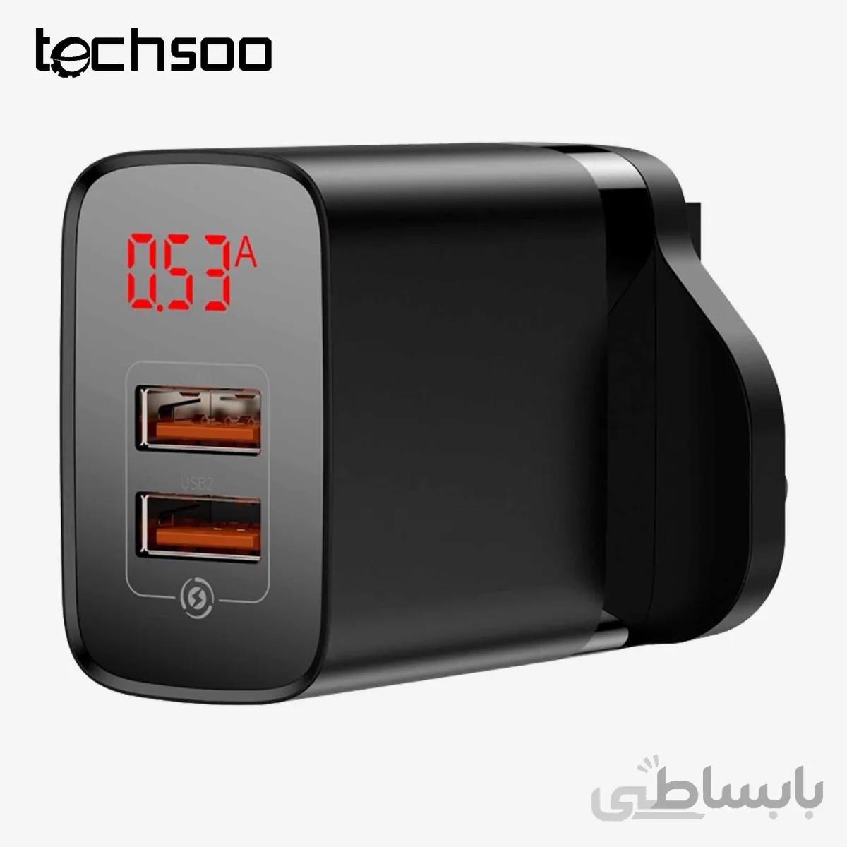 آداپتور دو خروجی بیسوس با صفحه نمایش دیجیتال مدل Baseus mirror lake dual qc digital display quick charger A+A UK CCJMHA-D01