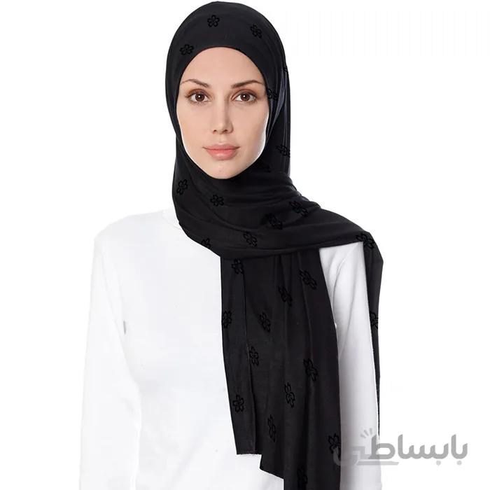شال حریر مشکی گلدوزی گل مشکی