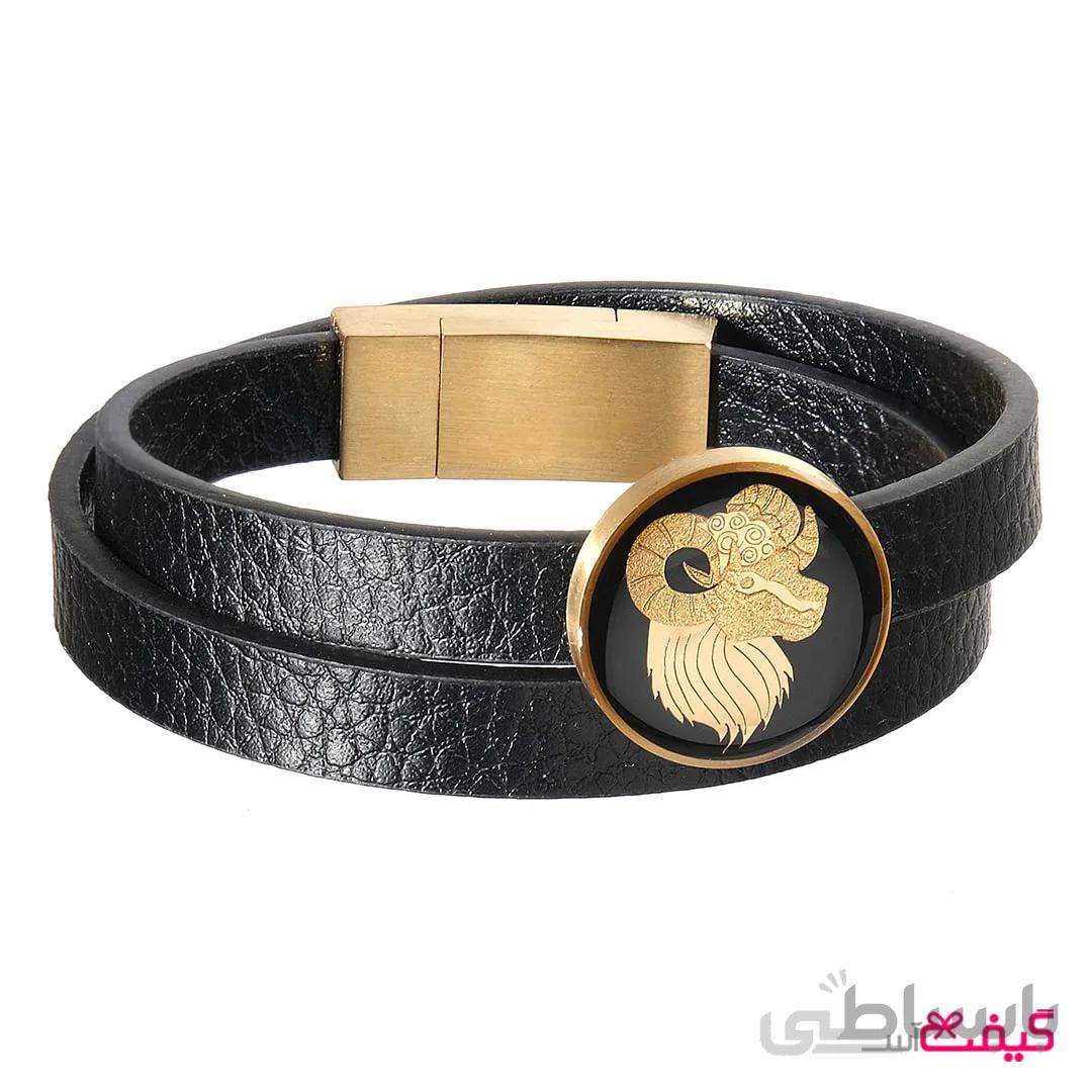 دستبند زنانه چرم با ورق طلا ماه فروردین