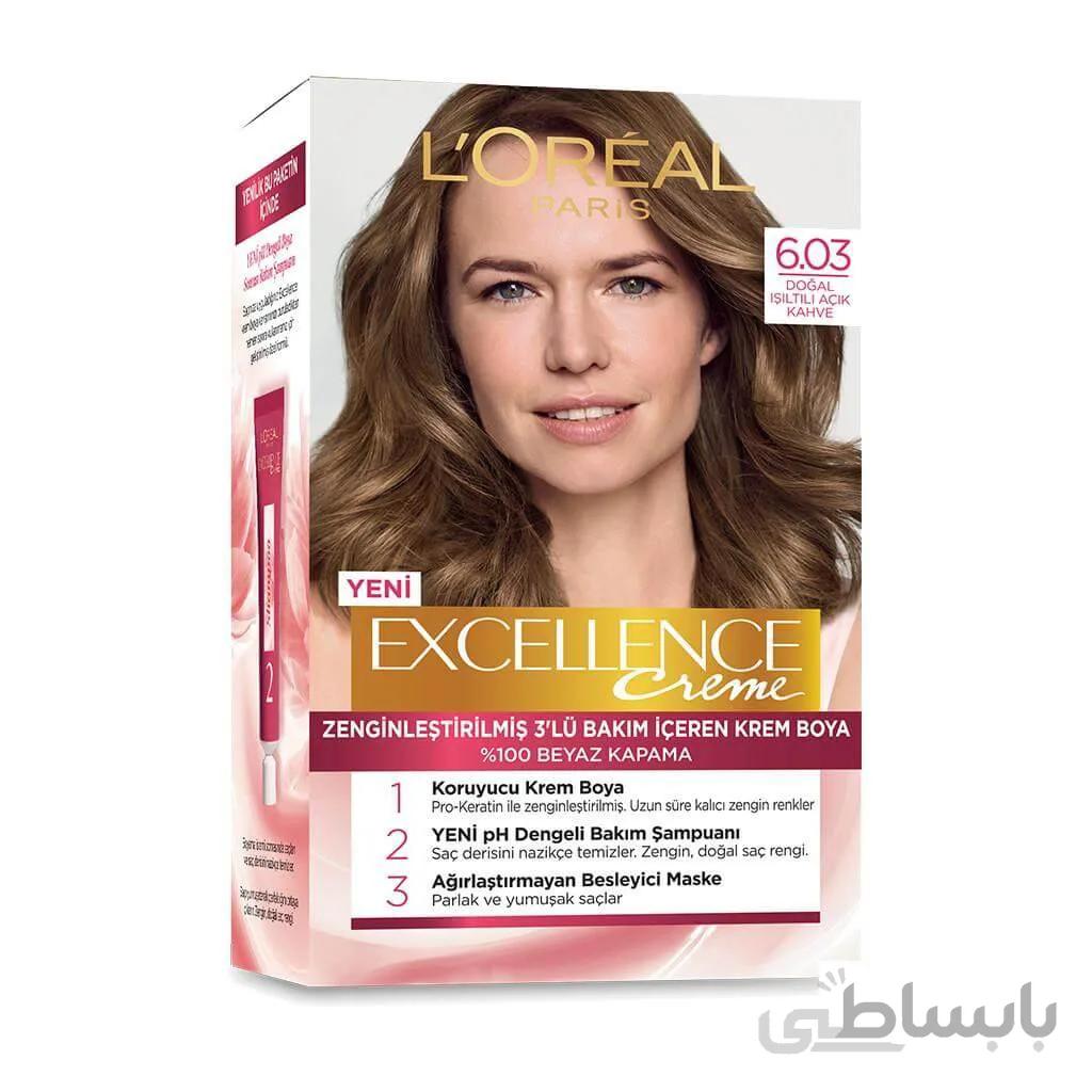 رنگ‌موی لورال Loreal شماره ۶/۰۳ رنگ قهوه ای روشن براق سری Excellence .