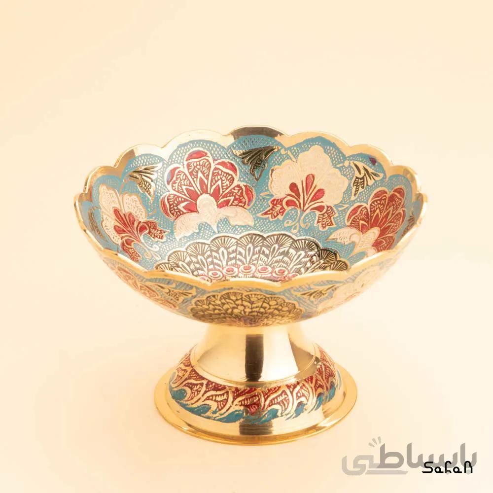 کاسه برنجی میناکاری پایه دار دورو مدل طاووس چتری
