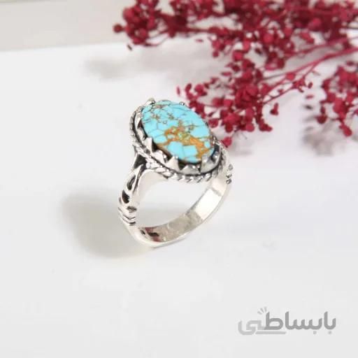 انگشتر مردانه نقره با سنگ فیروزه رگه دار نیشابور کد 4648