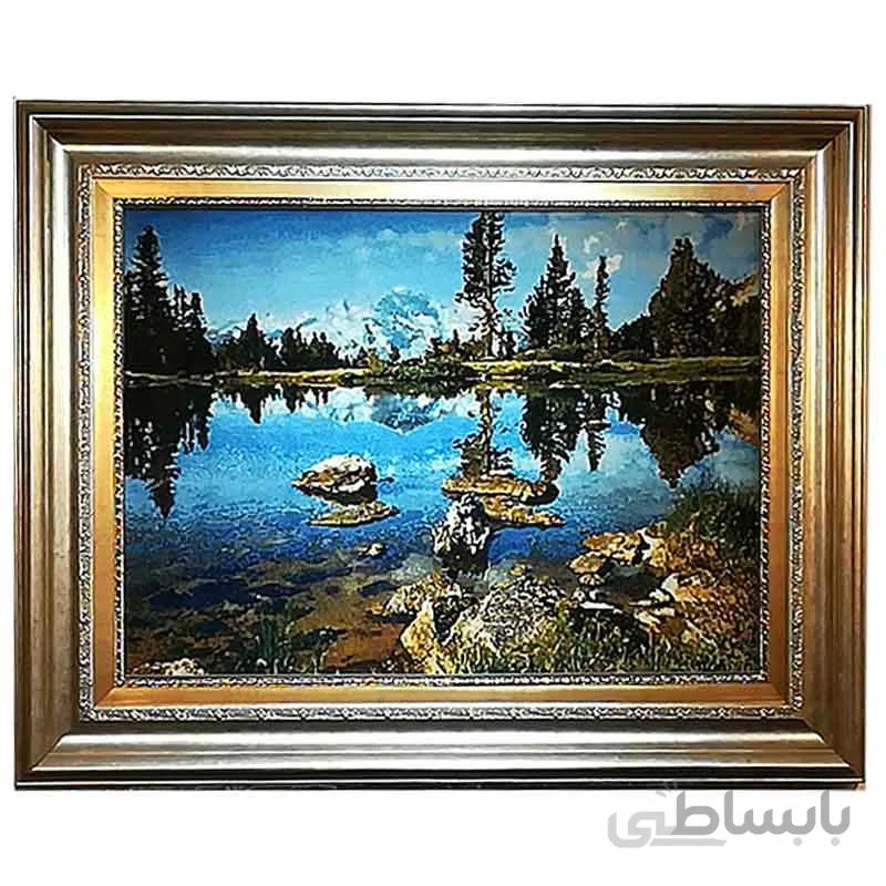 تابلو فرش دستباف طرح کوه در برکه
