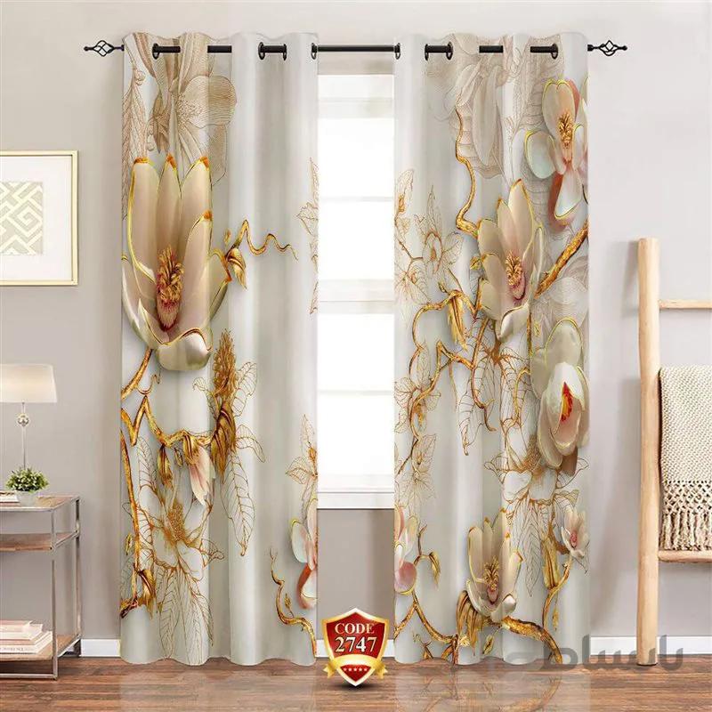 پرده پانچی کد 2747-3d-b طرح سه بعدی گل طلایی