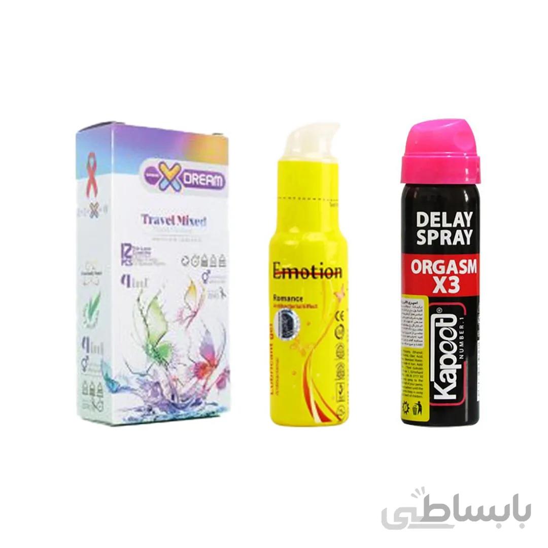 پک زناشویی مسافرتی (اسپری تاخیری اورگاسم ۳ برابر کاپوت + ژل روان کننده زرد ایموشن + کاندوم مسافرتی ایکس دریم)