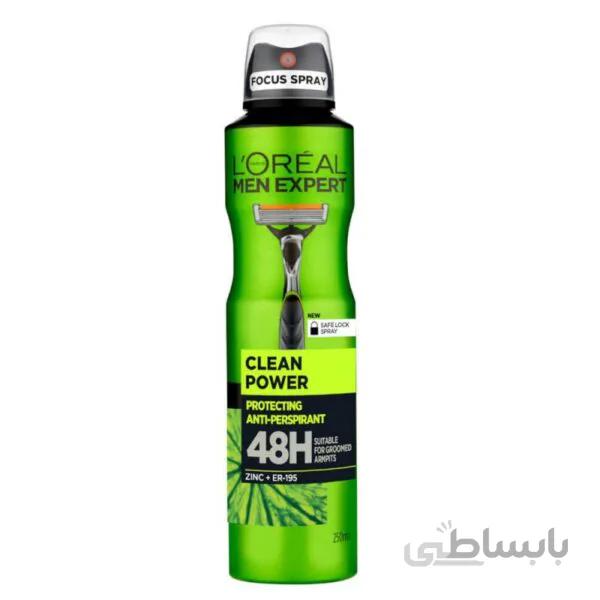 اسپری ضد تعریق مردانه لورئال ۲۵۰ میل – سری Men Expert مدل Clean Power – همراه با ماندگاری ۴۸ ساعته