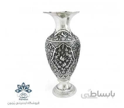 گلدان قلمزنی نقره نما و سیاه قلم