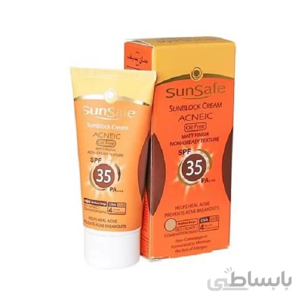 کرم ضد افتاب انتی اکنه فاقد چربی سان سیف SPF35 بژ روشن پوست چرب و اکنه ای 50 میلی لیتر