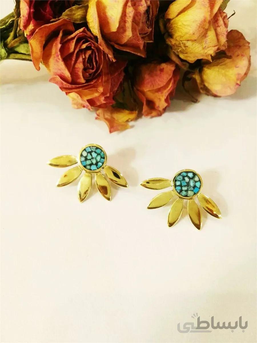 گوشواره نقره فیروزه کوب طرح آفتابگردان مدل سیخ گوشواره جنس سنگ فیروزه نیشابور ا Earrings, silver, turquoise, burnt design, sunflower model, skewer, earrings, stone, turquoise Neyshabur