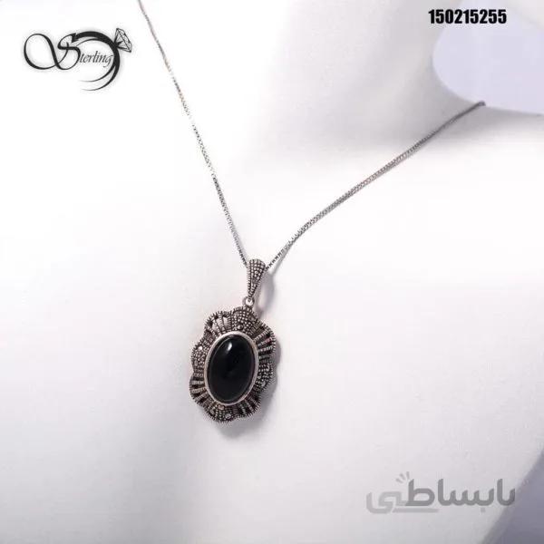 گردنبند نقره با سنگ عقیق مشکی کد:۱۲۳۹