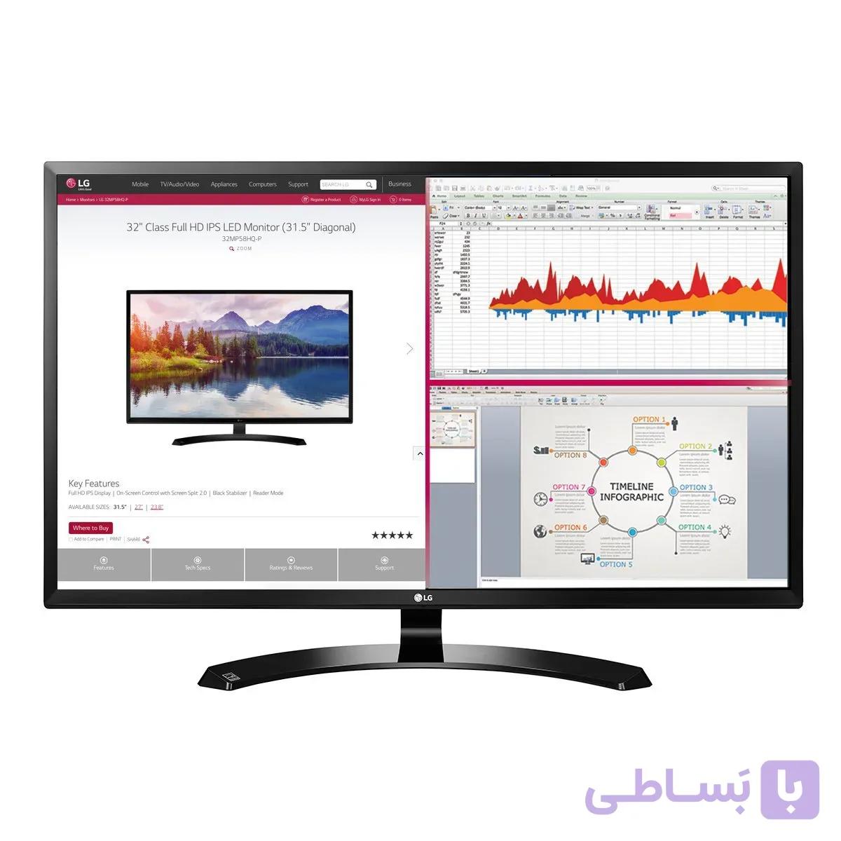 مونیتور 32 اینچی با رزولوشن فول HD IPS مدل 32MA70HY-P مجهز به پورت ورودی HDMI محصول برند LG.