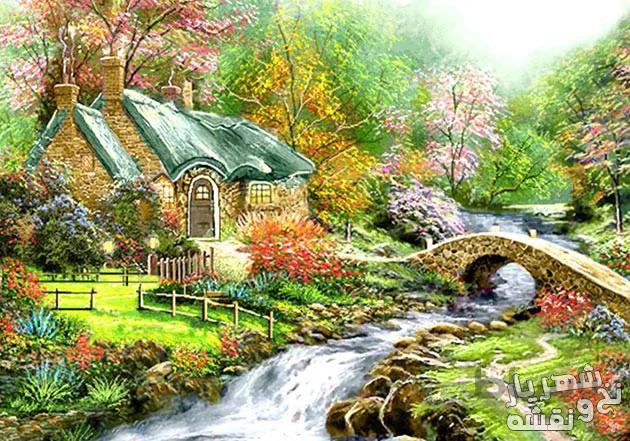 نخ و نقشه تابلوفرش طبیعت زیبای کلبه و رودخانه - 622