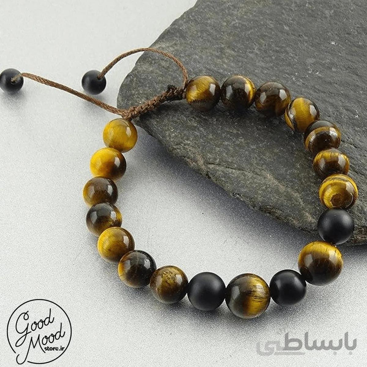 دستبند تمام سنگ چشم ببر و عقیق سیاه