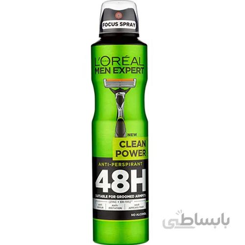 اسپری ضد تعریق مردانه لورال سری Men Expert مدل Clean Power حجم ۲۵۰ میلی لیتر ا L'Oreal Men Expert Clean Power Anti Perspirant Spray 250ml