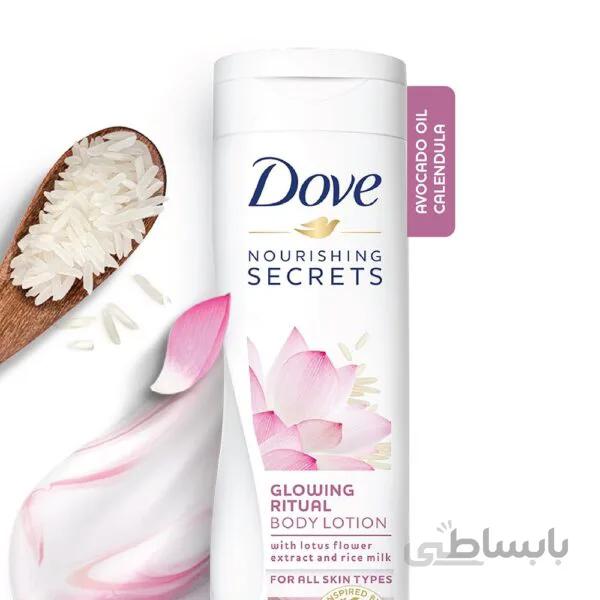 لوسیون بدن داو ۴۰۰ میل با رایحه عصاره گل نیلوفر آبی و شیر برنج – Dove Glowing Ritual Body Lotion