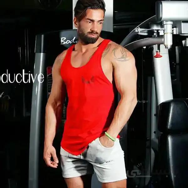 ست رکابی و شلوارک مردانه رنگ قرمز جنس ویسکوز ا Men's viscose red t-shirt and shorts set