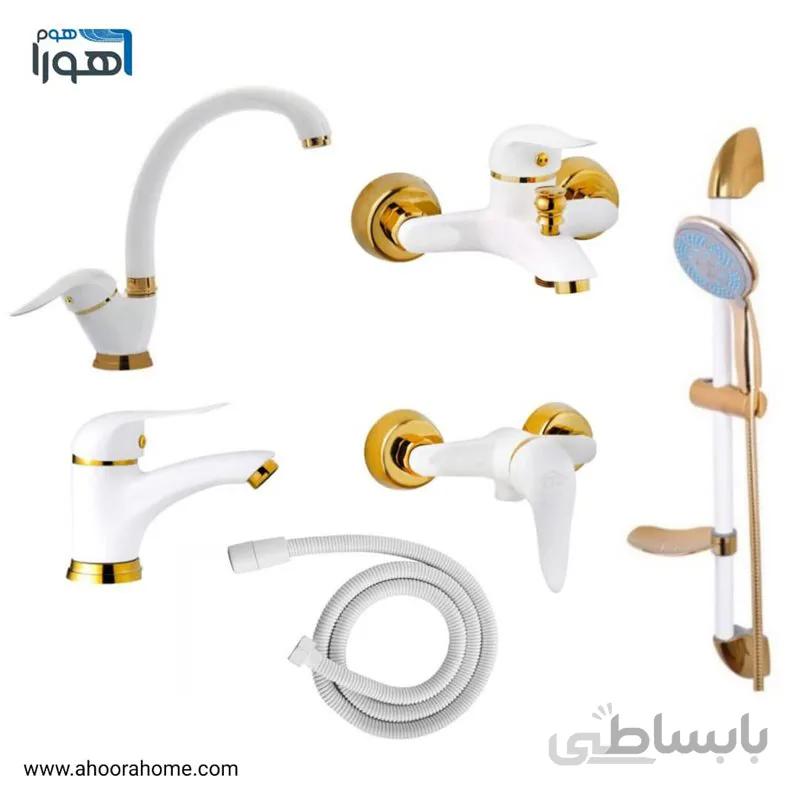 ست شیرآلات مدل راهو سفید طلایی + علم دوش + شلنگ توالت
