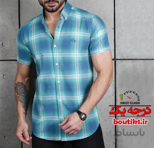 پیراهن آستین کوتاه پنبه نخ چهارخونه آبی