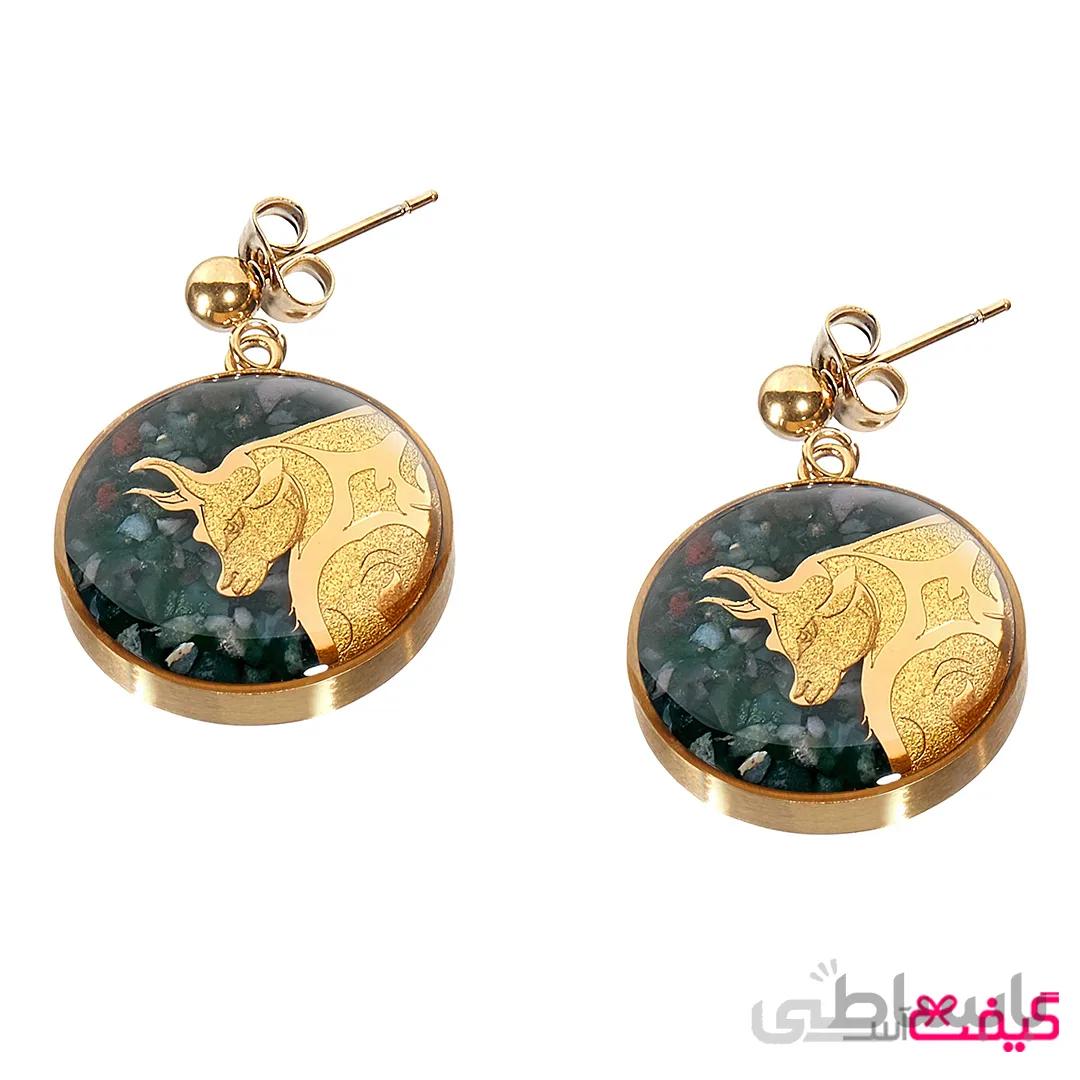 گوشواره سنگ اونیکس و ورق طلا طرح اردیبهشت