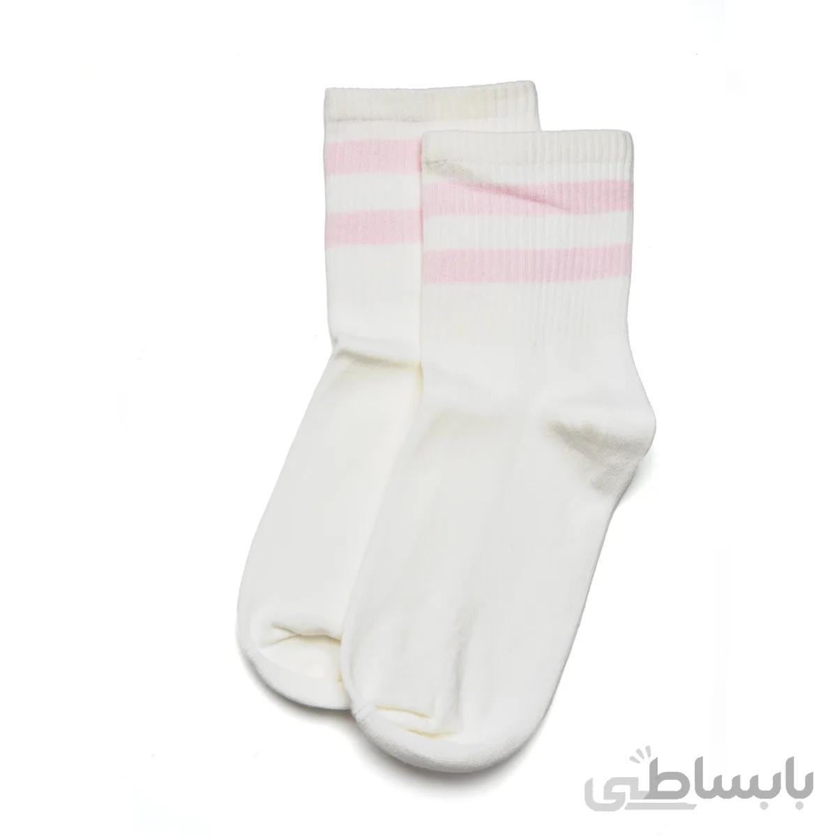 جوراب نیم ساق دوخط سفید دوخط صورتی بارو