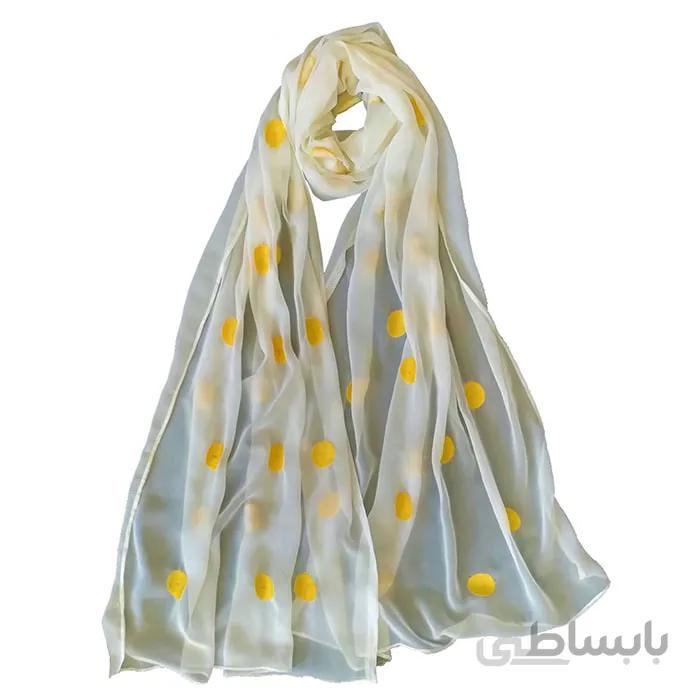 شال حریر سفید گلدوزی دایره زرد