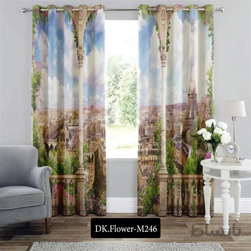 پرده پانچی (هازان و مخمل)کد DK.Flower.M246 طرح گل و منظره ایوان شهر