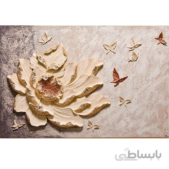 تابلو دکوراتیو برجسته مدل رز تک و پروانه کرم افقی سایز 80 در 120 یک تکه