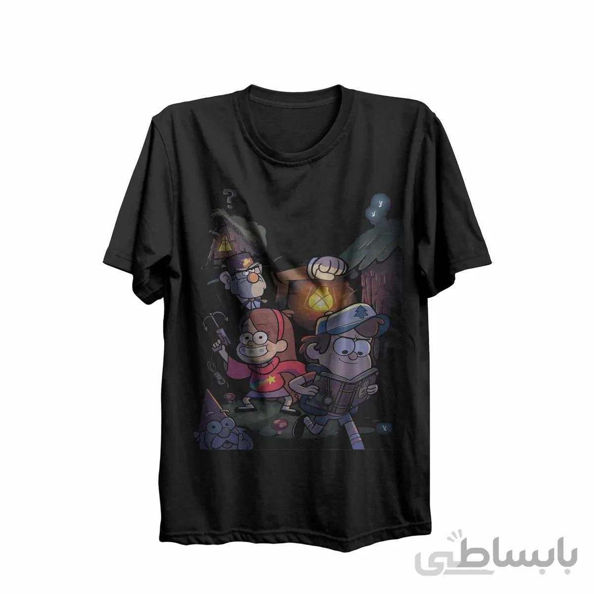 تیشرت یقه گرد مشکی طرح انیمیشن ابشار جاذبه gravity falls