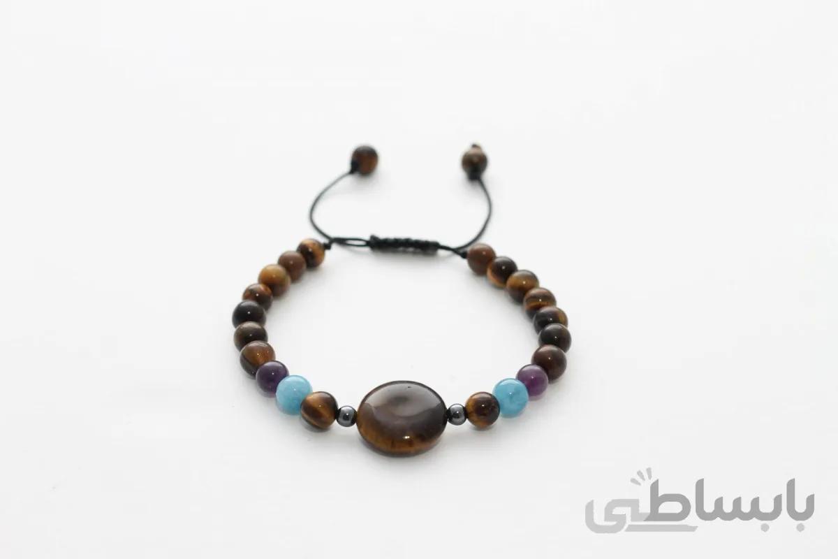 دستبند سنگ اصل چشم ببر، حدید، آکوآمارین، آمیتیست کد BT-283