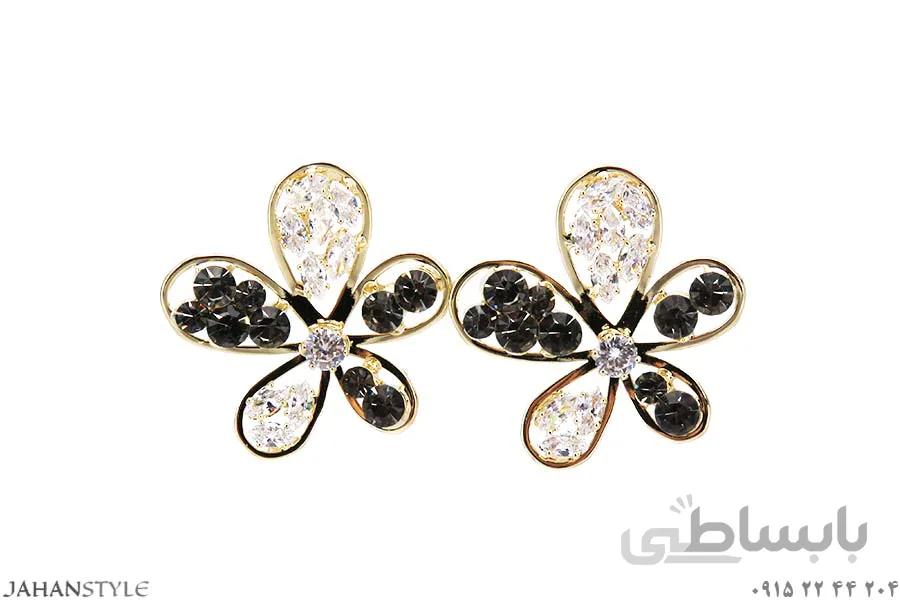 گوشواره طلایی پایه نقره طرح گل نگین دار