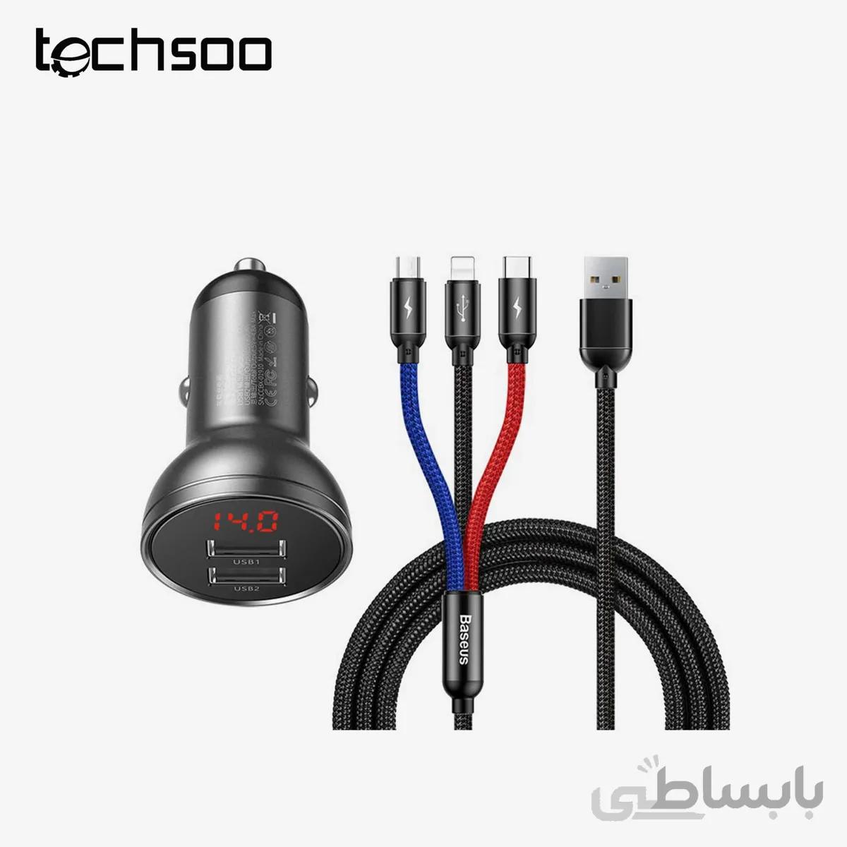 شارژر فندکی بیسوس مدل Baseus Digital Display Dual USB 4.8A Car Charger 24W with Three Primary Colors 3-in-1 Cable USB 1.2M
