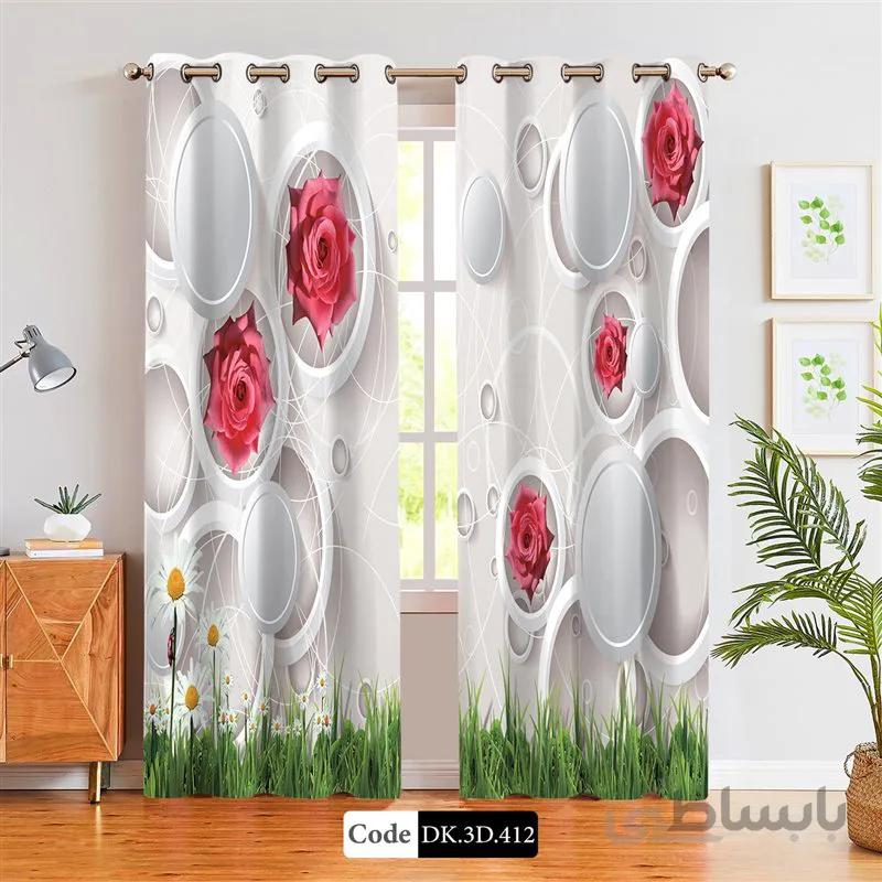 پرده پانچی (هازان و مخمل)کد DK.3D.412 طرح سه بعدی گل و چمن
