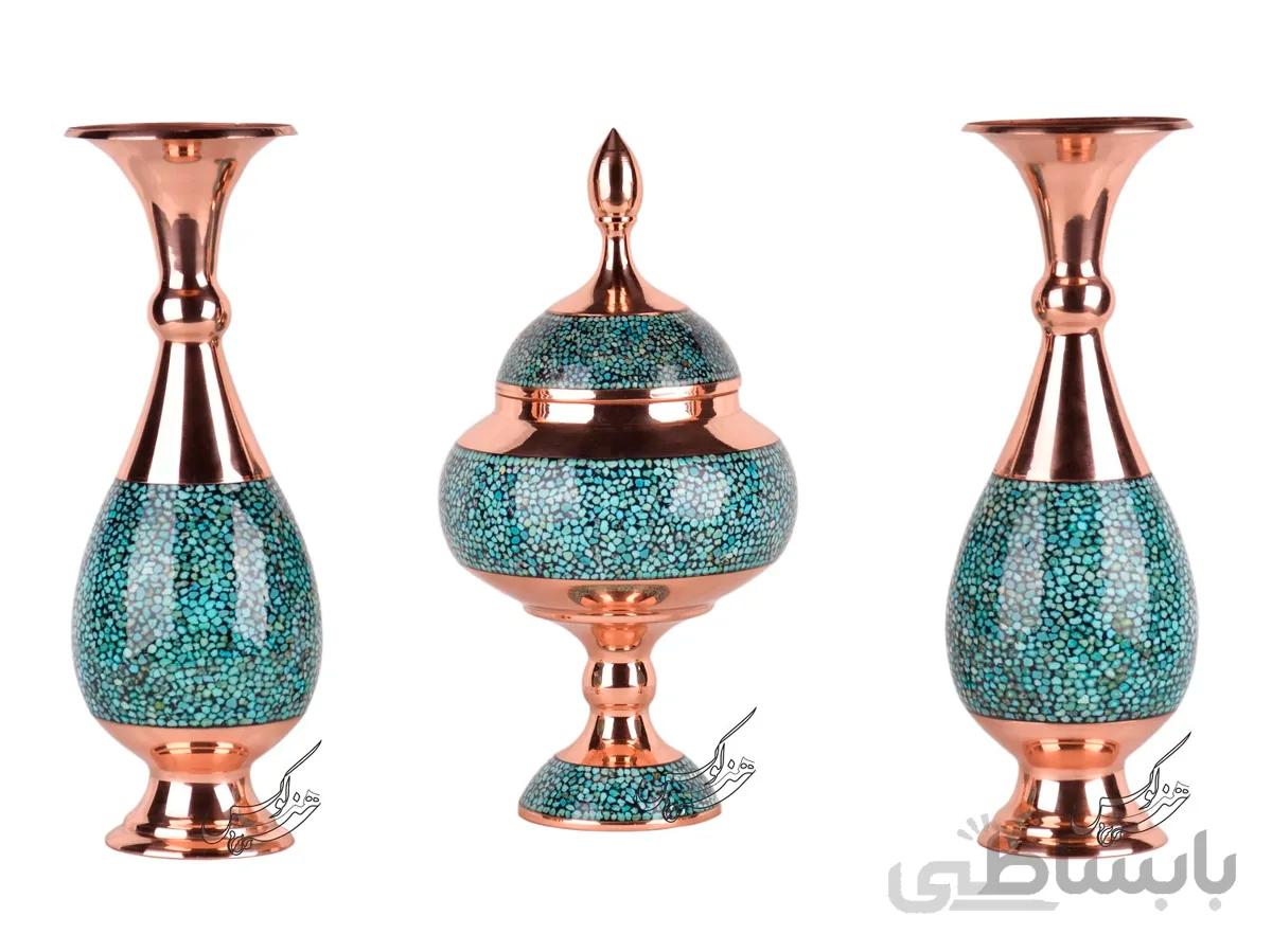 ست ویترینی شکلات خوری و گلدان فیروزه کوبی